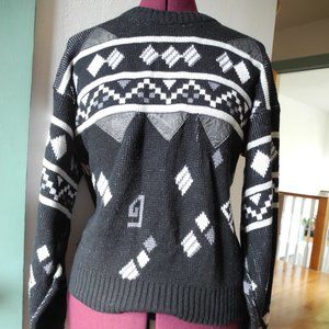 Vintage 80s Geometric Greyscale Sweater w/ Patches